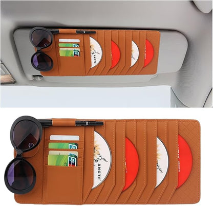 CD Case Holder for Car Sun Visor, Visor DVD Storage Organizer with Sunglasses Clip, Pen Holder & Card Slot, Multifunctional Automotive Disc Storage Pocket, Universal for SUV RV Truck (Brown)