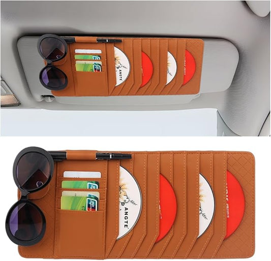 CD Case Holder for Car Sun Visor, Visor DVD Storage Organizer with Sunglasses Clip, Pen Holder & Card Slot, Multifunctional Automotive Disc Storage Pocket, Universal for SUV RV Truck (Brown)