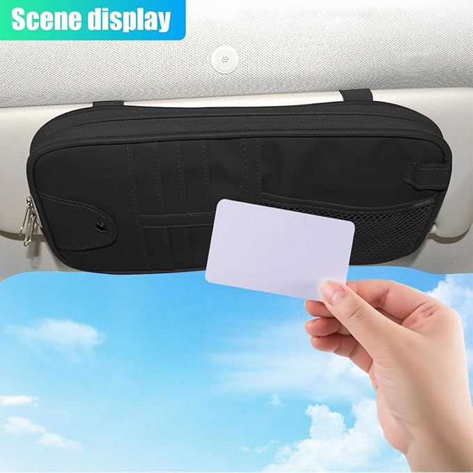 ZIMISI Car Visor Organizer, Double Zipper Sunglass Holder with Elastic Bands, PU Leather Car Storage Holder, Multi-Pocket Storage Pouch, Sun Visor Organizer for Most Cars (Black)