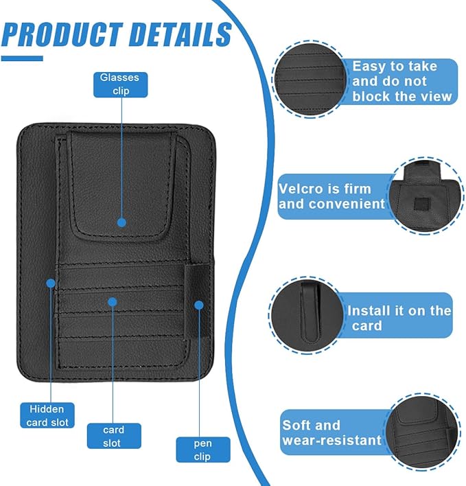 Small Leather Car Sun Visor Organizer - Multifunctional Car Interior Sunglass Holder Auto Visor Document Holder - Auto Card Sleeve Pocket Pouch Organizer for Driving License Registration Pen (Black)