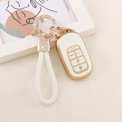 PIFOOG Key Fob Cover Fit for Honda 2025 2024 2023 CRV Civic Accord Pilot HRV 5 Button Car Smart Keys Shell Case with Bling Keychain Full Protector Accessories White Gold TPU Cute Girly Women