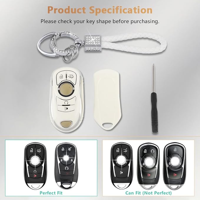 PIFOOG White Key Fob Cover for Buick 6 Buttons Car Keys Shell Case Protector Soft TPU Bling Keychain for Buick Enclave Encore LaCrosse Regal Envision Accessories Girly Women