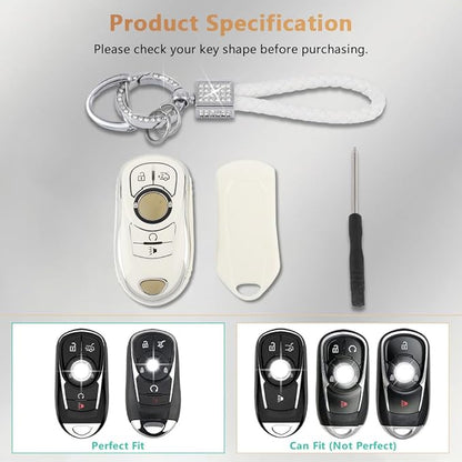 PIFOOG White Key Fob Cover for Buick 6 Buttons Car Keys Shell Case Protector Soft TPU Bling Keychain for Buick Enclave Encore LaCrosse Regal Envision Accessories Girly Women