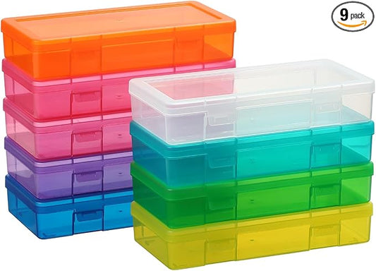 novelinks Plastic Small Storage Bins with Lids for Organizing, Mini Clear Storage Containers and Stackable Storage Box Organizer for Pencil Boxes, Task Boxes, Crayon Boxes (9 Pack Medium -Color)