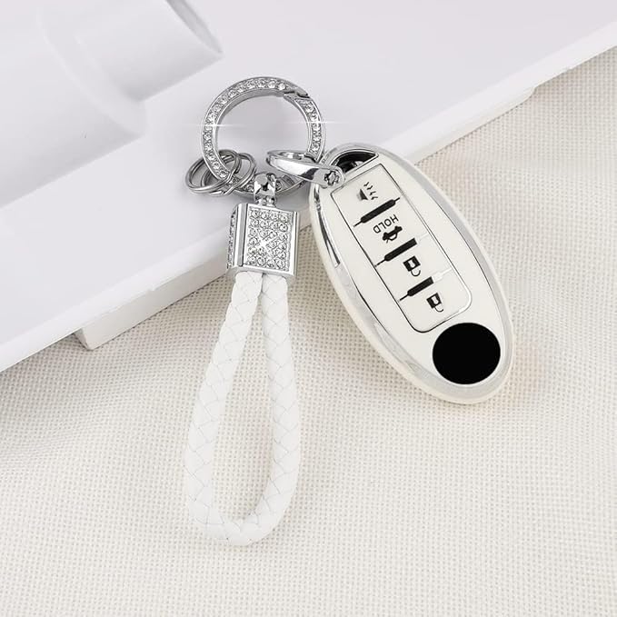 PIFOOG Key Fob Cover for Nissan 4 Button Murano Sentra Altima Rogue Kicks Armada Pathfinder Car Accessories TPU Smart Keys Case Shell Cute Bling Keychain Girly Women White