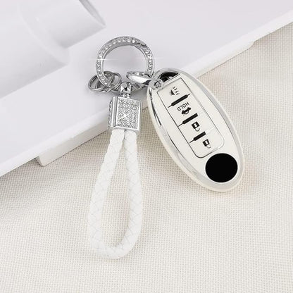 PIFOOG Key Fob Cover for Nissan 4 Button Murano Sentra Altima Rogue Kicks Armada Pathfinder Car Accessories TPU Smart Keys Case Shell Cute Bling Keychain Girly Women White