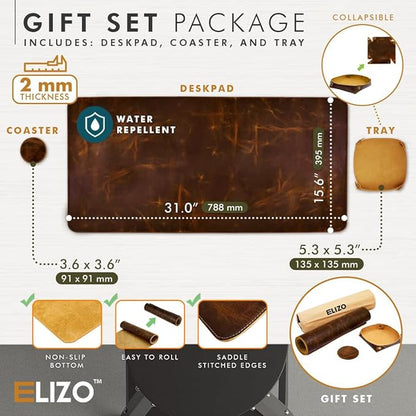 Elizo Real Leather Desk Mat Set (32x16) Large Desk Cover Desk Blotter Protector Computer Gaming Mouse Pad Table Laptop Office Desktop Accessories