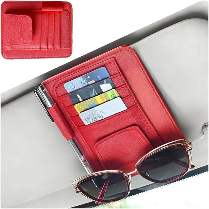 Car Sun Visor Organizer, PU Leather Vehicle Visor Document Storage Pocket for Sunglass Card Pen, Multifunctional Automotive Interior Holder Accessories, Universal Fit (Red)