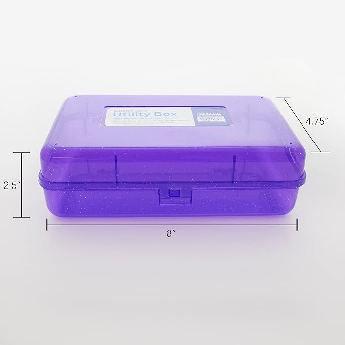 BAZIC Products Plastic Pencil Case Utility Storage Box, Glitter Bright Color, Multi Purpose Organizer for Pens Pencils, 4-Pack