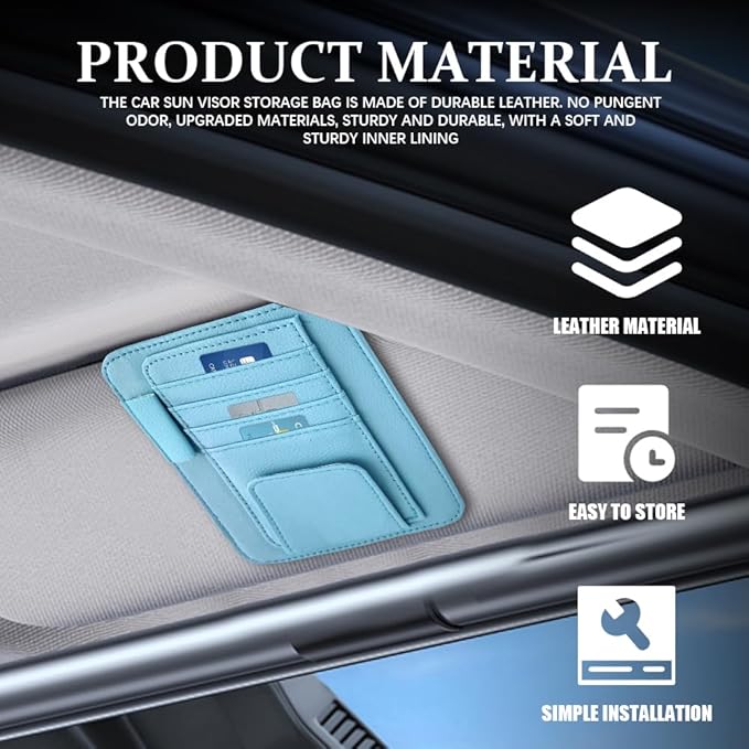Small Leather Sun Visor Organizer, Visor Accessories, Multi-Pocket Sunvisor Storage with Sunglass Holder, Car Organizer for Drving License Card Pen Fits Most Vehicles (Blue)