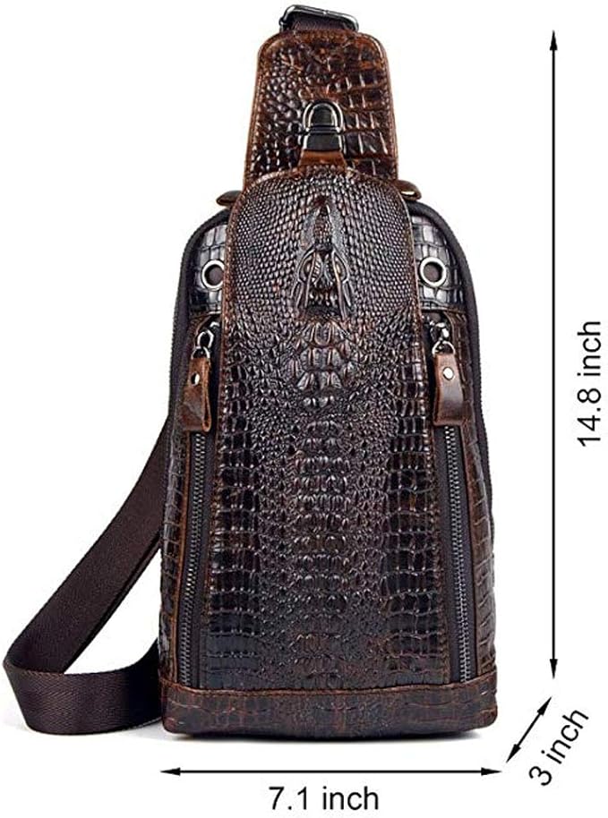 Hebetag Crocodile Genuine Leather Sling Chest Bag for Men Travel Outdoor Hunting Hiking Camping Crossbody Shoulder Pack Pouch Backpack Daypack Coffee