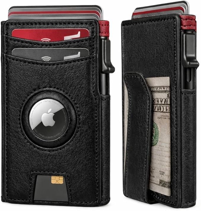 Mens Wallet with AirTag Holder, RFID Blocking, Pop-Up Aluminum Card Holder, ID Window, Money Clip, Fits up to 12 Cards, Slim & Minimalist, Smart, MicroFiber Gift Box Carteras para Hombre (Black)