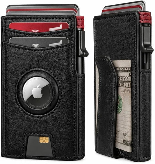 Mens Wallet with AirTag Holder, RFID Blocking, Pop-Up Aluminum Card Holder, ID Window, Money Clip, Fits up to 12 Cards, Slim & Minimalist, Smart, MicroFiber Gift Box Carteras para Hombre (Black)