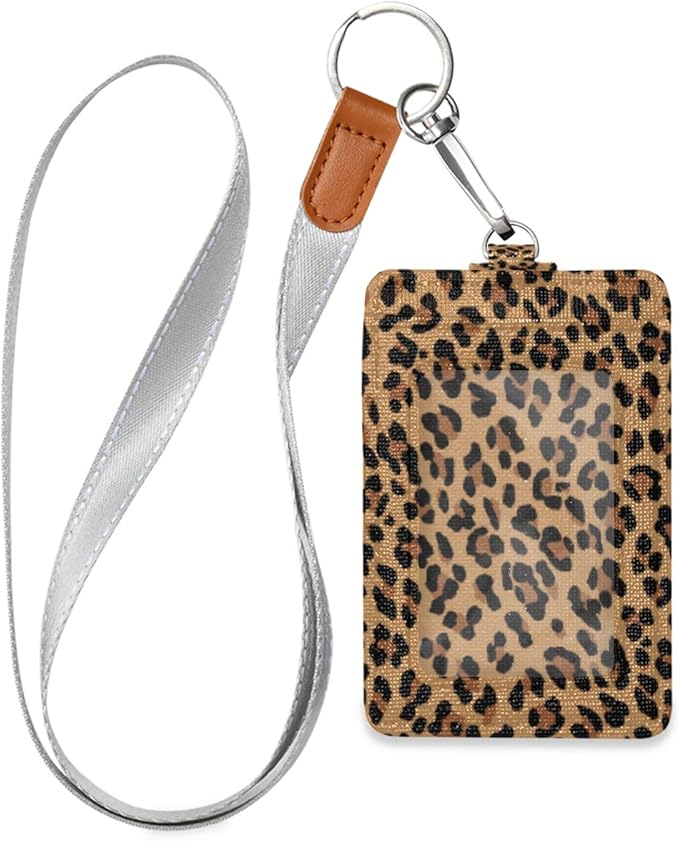 Moudou Leopard ID Badge Holder with Lanyard, Vertical Leather ID Badge Card Holder for Office Staff, School Teacher and Student