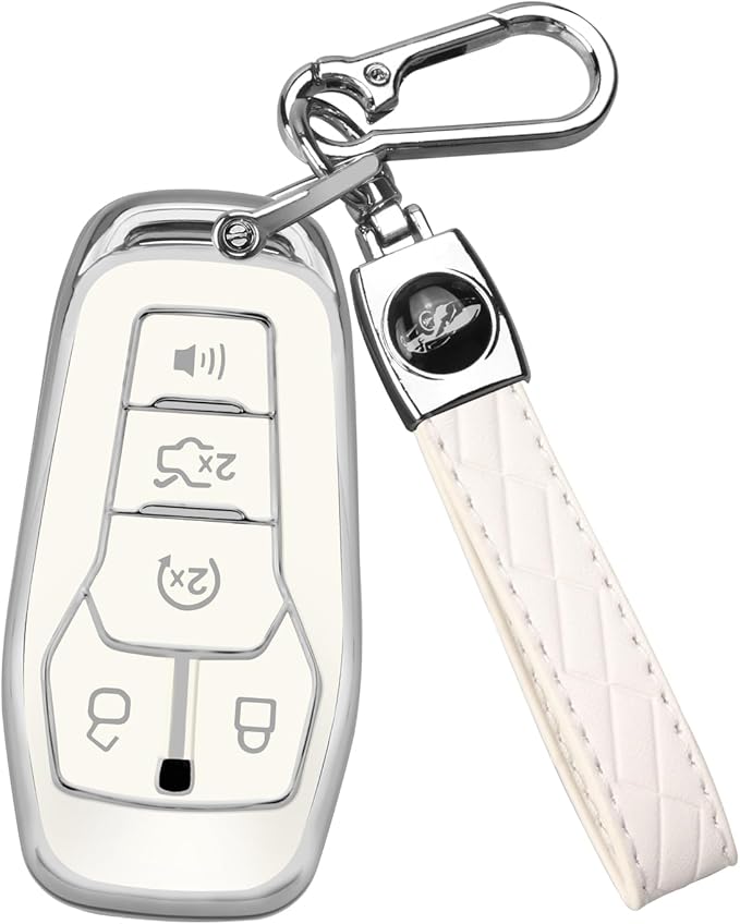 QBUC for Ford Key Fob Cover with Keychain Compatible with Ford Explorer F150 Fusion Mustang Edge Lincoln MKC 5 Buttons Smart Key (White,Series 2)