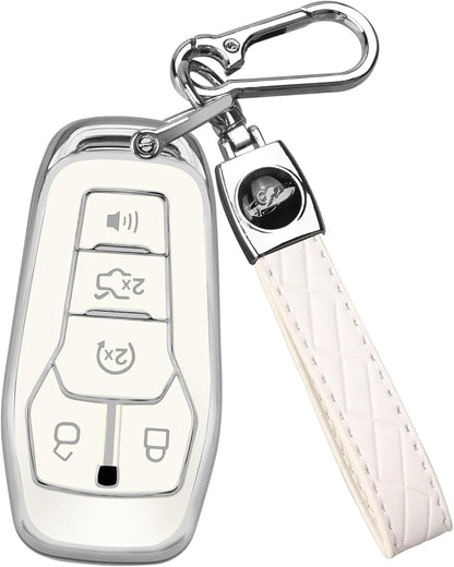 QBUC for Ford Key Fob Cover with Keychain Compatible with Ford Explorer F150 Fusion Mustang Edge Lincoln MKC 5 Buttons Smart Key (White,Series 2)
