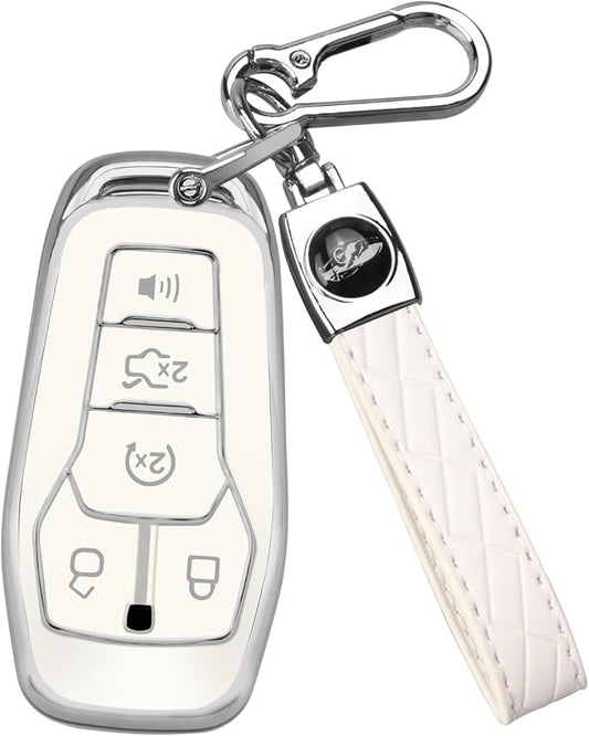 QBUC for Ford Key Fob Cover with Keychain Compatible with Ford Explorer F150 Fusion Mustang Edge Lincoln MKC 5 Buttons Smart Key (White,Series 2)