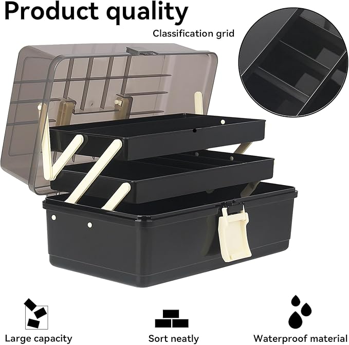 WEWLINE 13-Inch Art Storage Box 3-Layers Plastic Storage Box with Handle Craft Art Bin Portable for Home School Office Travel, Black