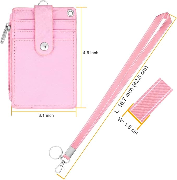 HASFINE ID Badge Holder with Lanyard,2 Sided 5 Card Slots ID Card Holder Wallet with PU Leather Zipper Pocket and Detachable Keychain Lanyard for Teens Women(Pink)