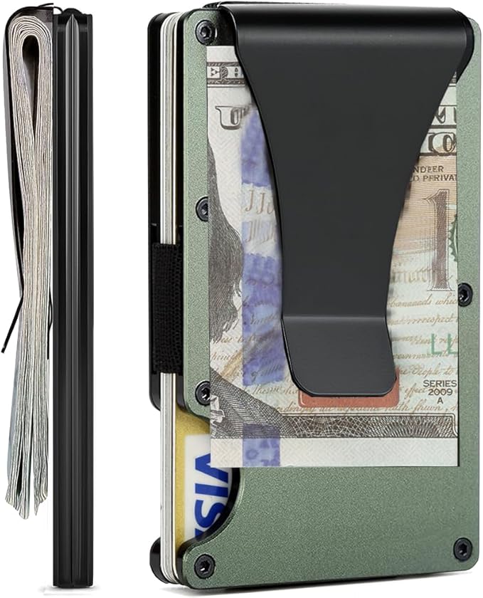 Minimalist Slim Wallet for Men,RFID Blocking Metal Wallet,Aluminum Credit Card Holder & Money Clip 12-15 Cards,Slim Rfid Front Pocket Mens Wallet,Matt Green