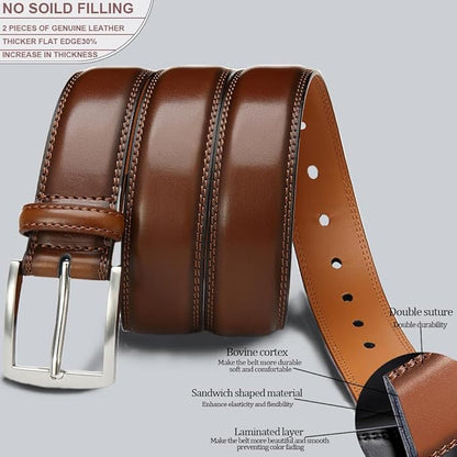 DOOPAI Men's Genuine Leather Dress Belt 2Pack - Handmade Classic Casual and Business Belt, 100% Cow Leather Prong Buckle,