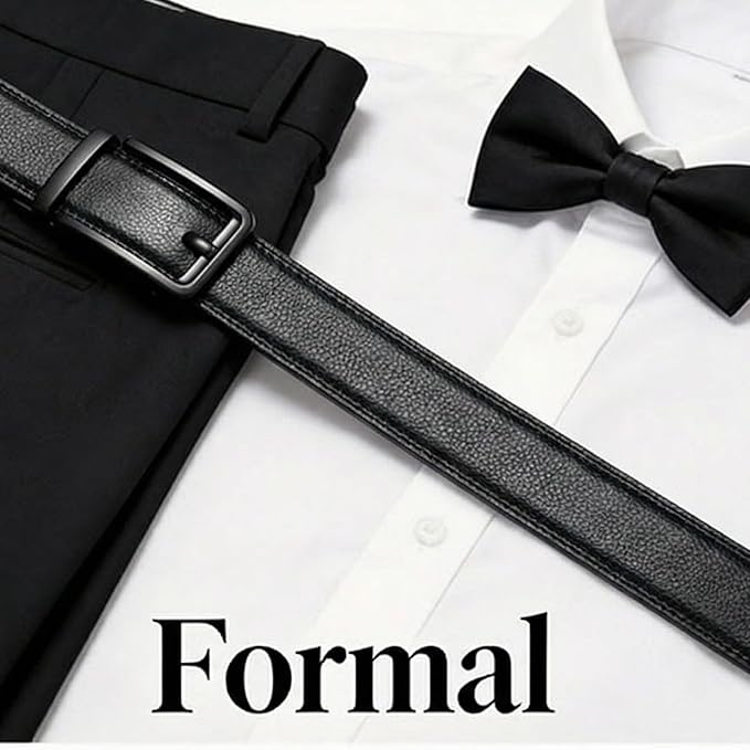 JINIU Men's Ratchet Belt Buckle, Black Genuine Leather Slide Belt for Men Dress Suit, Micro Adjustable Trim to Fit Boxed