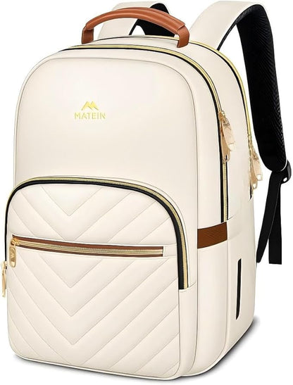 MATEIN Lightweight Quilted Laptop Backpack for Women, 15.6 Inch Slim Design Laptop Backpack with Leather Handles, Fashion Teacher Nurse Bag, Perfect for Work and Commute, Beige