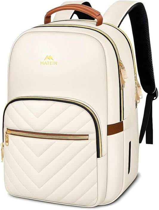 MATEIN Lightweight Quilted Laptop Backpack for Women, 15.6 Inch Slim Design Laptop Backpack with Leather Handles, Fashion Teacher Nurse Bag, Perfect for Work and Commute, Beige