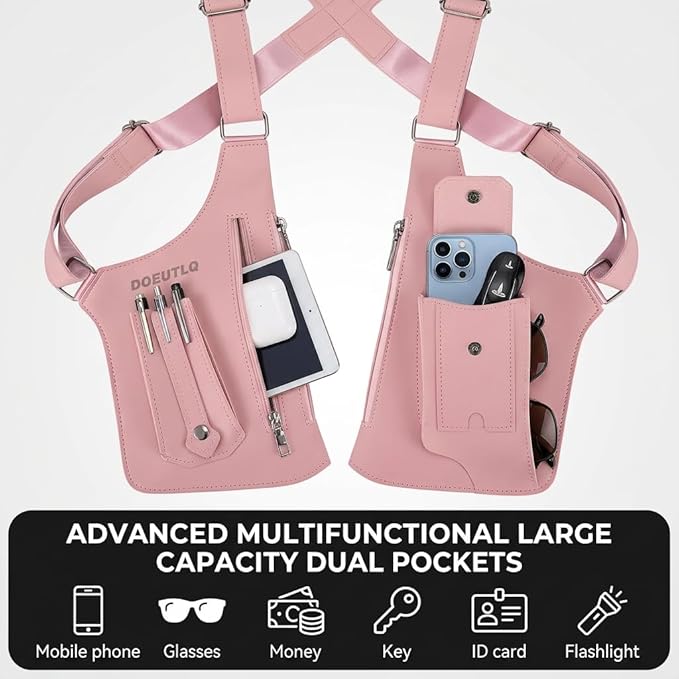Leather Double Shoulder Armpit Bag for Men Underarm Concealed Rover The Holste Vest for Mens Adjustable Leather Bag (Pink)