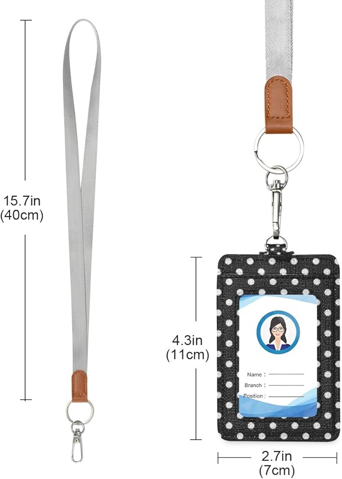 Moudou Polka Dot ID Badge Holder with Lanyard, Vertical Leather ID Badge Card Holder for Office Staff, School Teacher and Student