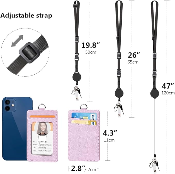 Leather Badge Holder and Adjustable Retractable Lanyards, Quick Release Buckle and Safety Breakaway Lanyards with Swivel Metal Clasp for Offices, Staff, Students, Employees