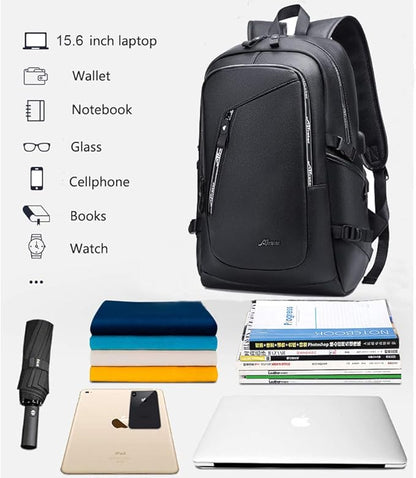 DYJ Vegan Leather Laptop Backpack for Women&Men, PU Vintage Travel Daypacks with USB Charging Port 17 Inch Laptop
