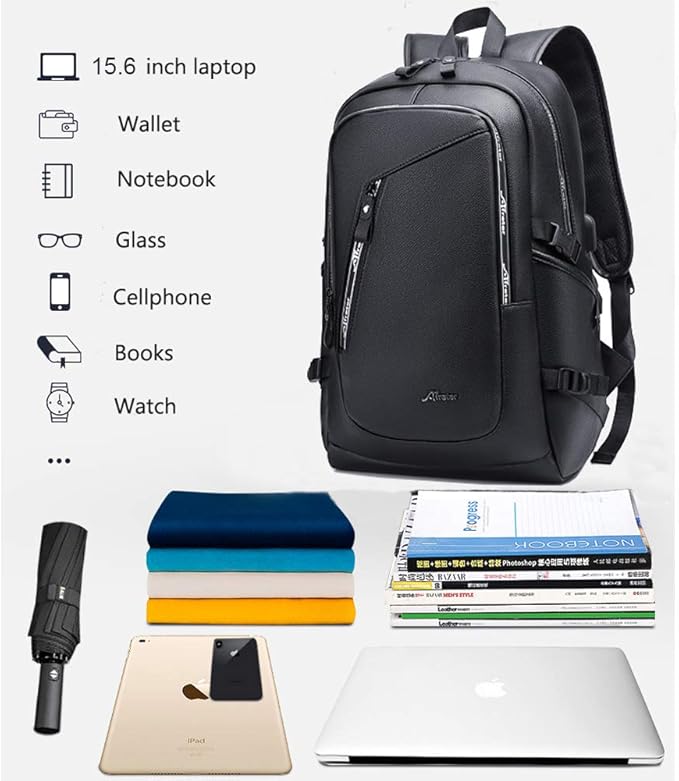 DYJ Vegan Leather Laptop Backpack for Women&Men, PU Vintage Travel Daypacks with USB Charging Port 17 Inch Laptop