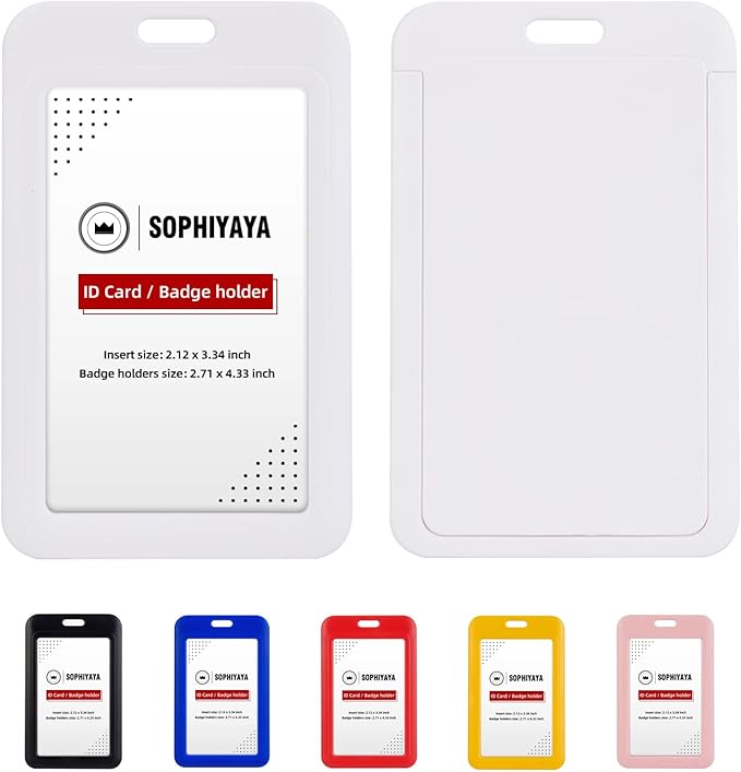 2 Pack Sliding ID Badge Holder - Heavy Duty Hard Plastic Sleeve Secures Work ID, Key Card, Credit Cards for Office, Factory, Hospital & School (White)
