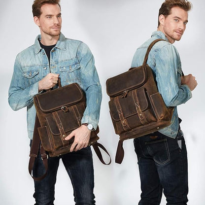 BOSTANTEN Leather Backpack for Men 15.6 inch Laptop Backpack Vintage Travel Office Bag Large Capacity Shoulder Bag Coffee