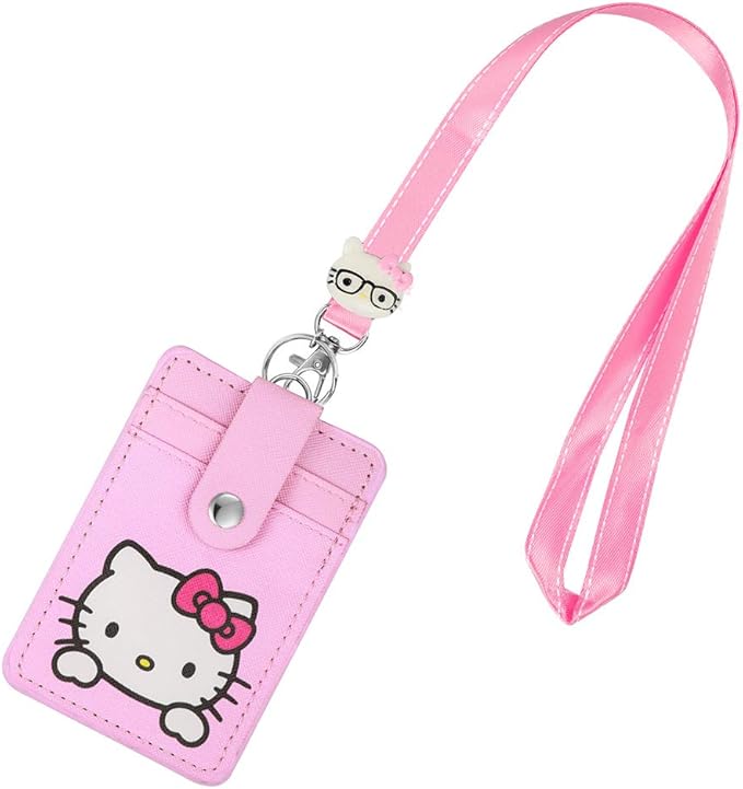 【2025 Latest】 Woosifun ID Badge Holder Cute Credit Card Case Neck Pouch Lanyard with Cartoon Shield Keychain for Students Teens Boys Girls Staff Women (Pink Cat)