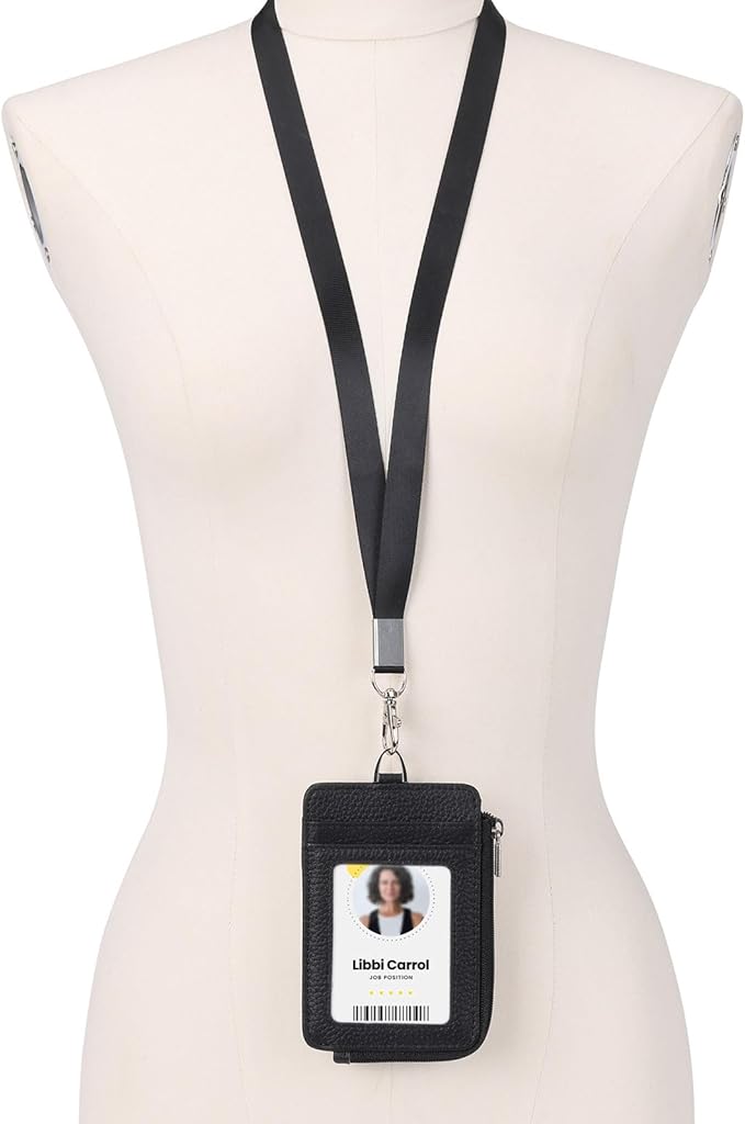 Genuine Leather id Badge Holder with Zipper Pocket,Vertical Lanyard Wallet,id Covers for Work Badge, Credit Card,Cruise Ship Cards,Black