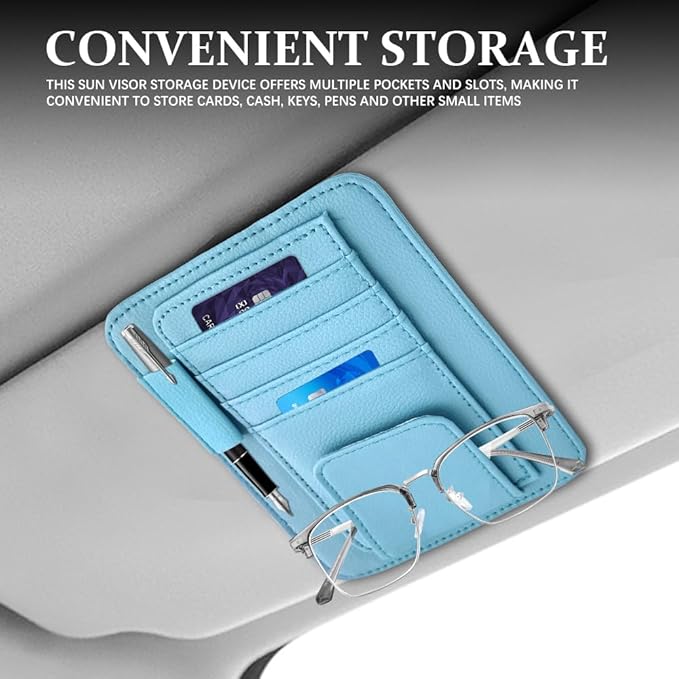 Small Leather Sun Visor Organizer, Visor Accessories, Multi-Pocket Sunvisor Storage with Sunglass Holder, Car Organizer for Drving License Card Pen Fits Most Vehicles (Blue)