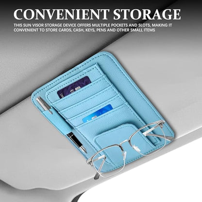 Small Leather Sun Visor Organizer, Visor Accessories, Multi-Pocket Sunvisor Storage with Sunglass Holder, Car Organizer for Drving License Card Pen Fits Most Vehicles (Blue)