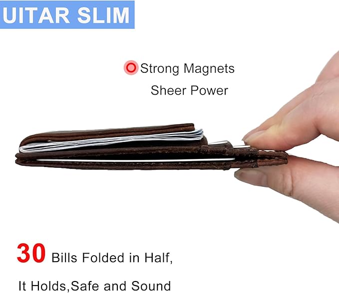 Leather Money Clip Front Pocket Wallets for Men RFID Blocking Strong Magnet Slim Wallet (Small Crazyhorse Brown)