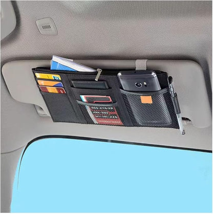 Car Sun Visor Organizer, Auto Interior Visor Storage Pouch Holder with Zipper, Multi-Pocket Net Personal Belonging Organizer, Universal Car Accessory for Cards, Documents (Black)