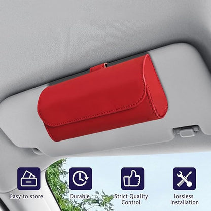 Sunglasses Holder for Car Sun Visor, Sunglass Organizer for Car, Magnetic Leather Eyeglasses Protective Storage Case, Waterproof Glasses Organizer Visor Accessories for Vehicles (Red)