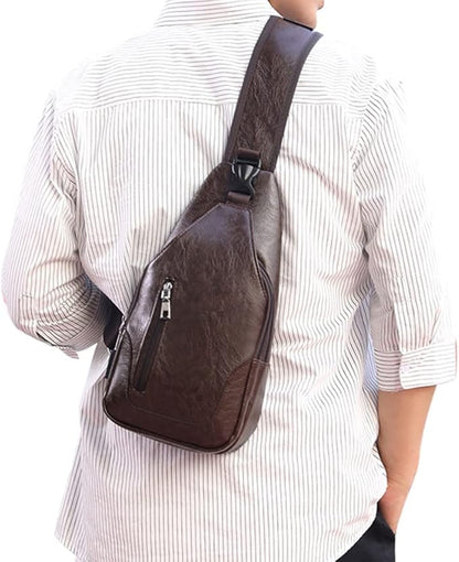 Peicees Leather Sling Bag Mens Crossbody Bag Chest Bag Sling Backpack for Men with USB Charge Port