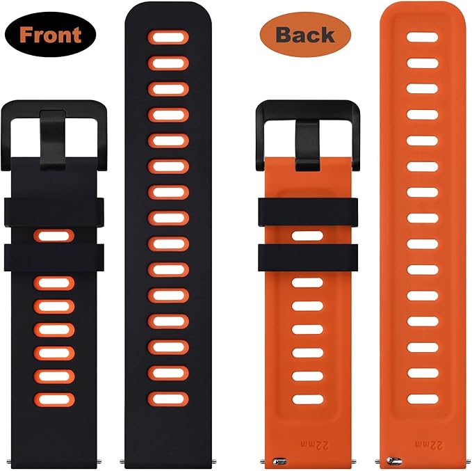 WOCCI 22mm Bicolor Watch Band, Silicone Rubber, Quick Release Replacement Strap for Men and Women, Black Stainless Steel Buckle (Black-Orange)