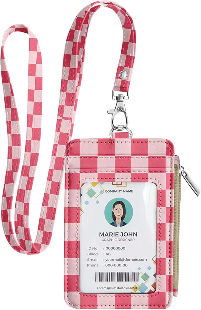 bolimoss Checkered Lanyard Wallet with Id Badge Holder Slim Keychain Wallet for Women Zip Card Holder with ID Window, 5 Card Slots, Side Zipper Coin Purse, Detachable Neck Strap