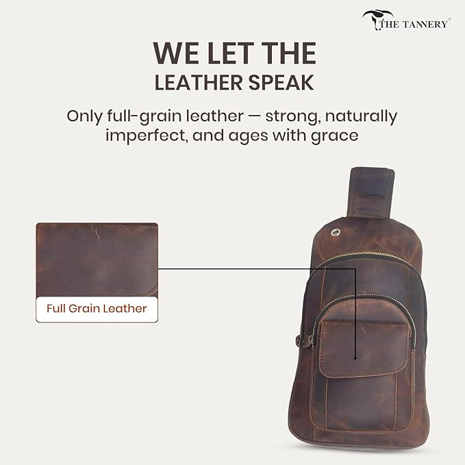 The Tannery Handmade Buffalo Leather Multipurpose Travel Hiking Crossbody Chest Backpack with Adjustable Shoulder Strap, Thanks Giving (Dark Brown, Small)