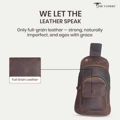 The Tannery Handmade Buffalo Leather Multipurpose Travel Hiking Crossbody Chest Backpack with Adjustable Shoulder Strap, Thanks Giving (Dark Brown, Small)