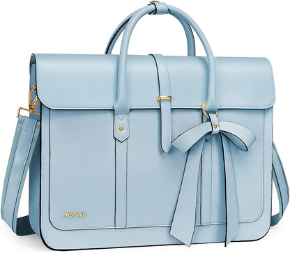 MOSISO Laptop Bag for Women, 13-14 inch PU Leather Laptop Shoulder Bags Convertible Backpack, 13.3 inch Messenger Bags Casual Handbag Work Briefcase Travel Computer Bag with Bowknot, Air Blue