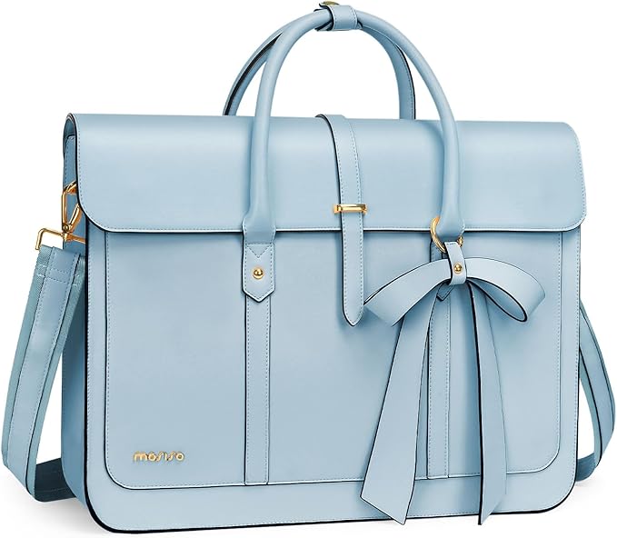 MOSISO Laptop Bag for Women, 15-15.6 inch PU Leather Laptop Shoulder Bags Convertible Backpack, 16 inch Messenger Bags Casual Handbag Work Briefcase Travel Computer Bag with Bowknot, Air Blue