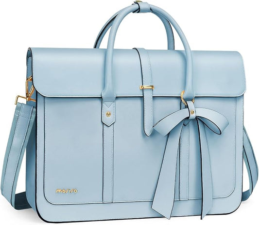 MOSISO Laptop Bag for Women, 15-15.6 inch PU Leather Laptop Shoulder Bags Convertible Backpack, 16 inch Messenger Bags Casual Handbag Work Briefcase Travel Computer Bag with Bowknot, Air Blue